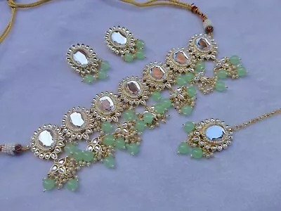 Indian Bollywood Kundan Beaded Chokers Necklaces Set For Women's- Light Green • $52.25