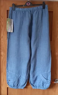 Made In Italy Lagenlook Boho Colette Cropped Linen Trousers.  Blue . OSFA • £15
