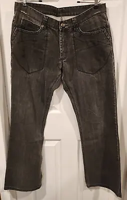 Men's Guess Low Rise Boot Cut Distressed Jeans Black With Leather Details 36x31 • $30