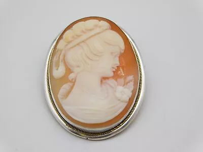 Sweet Antique 800 Fine Silver Carved Shell Maiden Lady Cameo Pin Brooch • $49.99