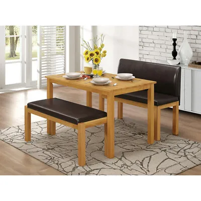 Dining Kitchen Table Set Oak Finish Bench High Back Bench Brown Leather Seat • £324.99