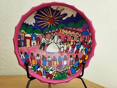 Mexican Clay Folk Art Bride Groom Wedding Dance Hand Painted Small Bowl Hanging • $14.99