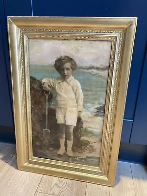 Victorian Oil On Board Portrait Of A Boy On A Beach. • £95