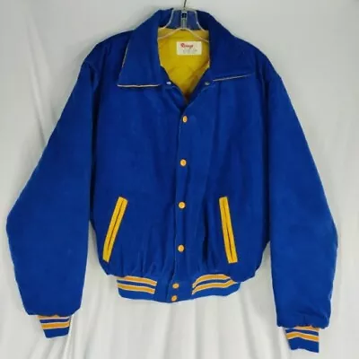 Vintage 70s Rennoc Snap Button Blue Gold Unlabeled Corduroy Jacket 44-66 Large • $57.63