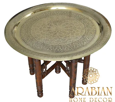 £372.60 • Buy Handcrafted Moroccan 28  Round Brass Tray Tea Table With Folding Wood Stand