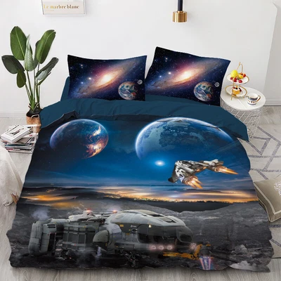 $39.99 • Buy Lunar Base Rocket Planet Duvet Quilt Cover Twin Queen Bedding Comforter Cover
