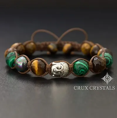 Men's Tiger's Eye & Green Malachite Beads Bracelet Shamballa Style Crux Crystals • $45