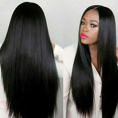 70cm Women Black Long Straight Full Wigs Heat Resistant Synthetic Hair Wigs • £6.89
