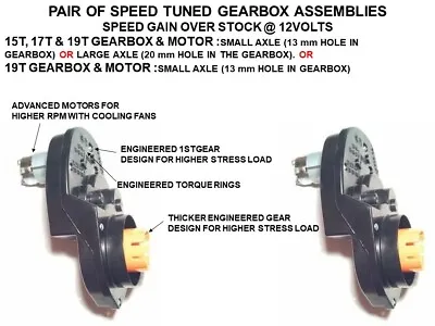 POWER WHEELS PAIR SPEED MODIFIED 19T GEARBOX & MOTORS  @ 12v Or @18v Or @24v • $120