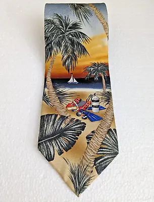 American Lifestyle Tie 100% Silk Summer Beach Sunset Palm Trees Scuba Gear Boat • $9.99