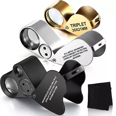 3 Pieces Magnifying Glass 30X 40X 60X Jewelers Loupe Illuminated Jewelers Eye... • $27.26