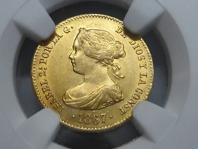 1867 MADRID 4 ESCUDOS NGC AU58 ISABEL II SPAIN DOUBLOON COLONIAL ERA 1800s • $655