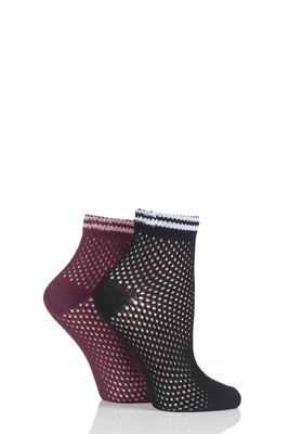 £10.99 • Buy Ladies 2 Pair Elle Soft Net Sporty Anklet Socks Black / Burg 4-8 Ladies