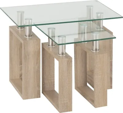 £93.99 • Buy Milan Nest Of Tables In Oak Effect Veneer Glass Silver