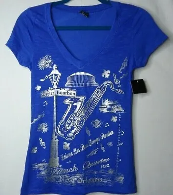 NWT Womens Royal Blue V Neck New Orleans Graphic Bling T-Shirt Size Small • $15
