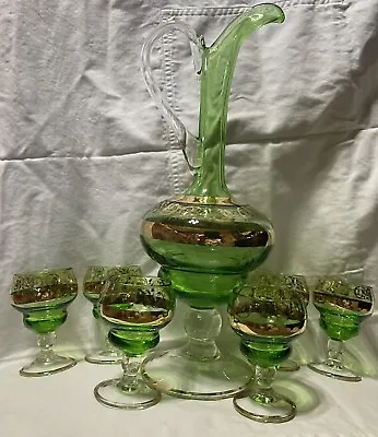 Vintage Murano Venetian  Green And Gold Decanter And Glasses Set • $250