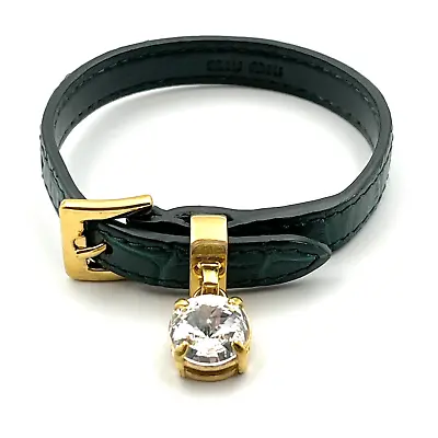 MIU MIU Leather Green Bracelet With Round Crystal Charm W/ Original Box • $56.95