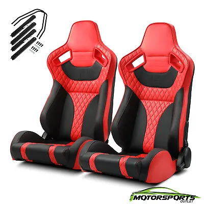 Universal PVC Reclinable Black+Red Sport Racing Seats Pair With Slider • $355