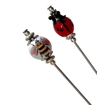 £10.99 • Buy 2x Hat Pins, Ceramic Bumble Bee & Ladybird Hat Pins, 5” Long Hat Pin, Scarf Pin,