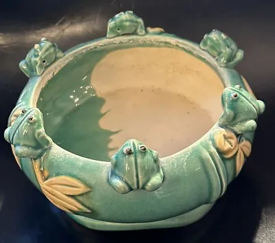 Vintage Green Majolica Frog And Bamboo Planter/bowl With 6 Frogs Rare • $44.99