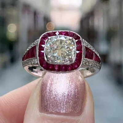 Vintage Art Deco Style 3Ct Lab-Created Diamond & Ruby Engagement 925 Silver Ring • $66.50