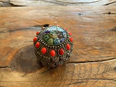 Italian Murano Millefiori Glass Beads Lidded Trinket Box Silver Metal Ornate VTG • $48