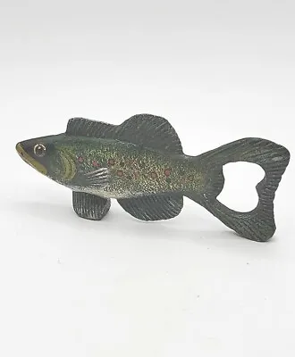 Vintage Cast Iron Fish Bottle Opener Hand Painted Green With Red Dots 5  Long  • $14.90