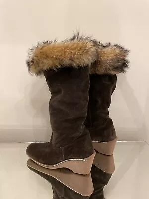 Maxine Of Canada Boots Brown  Leather Knee High Wedge Size 37 US 6.5 • $42