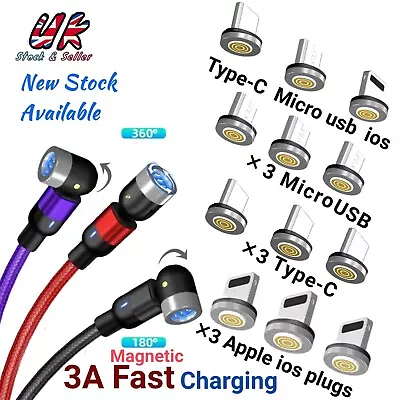 3 In 1 Magnetic 3A Fast Charging USB Cable Phone Charger IOS Micro USB Type-C • £2.79