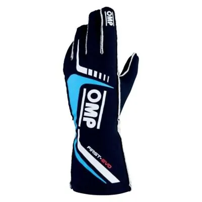 OMP Racing First Evo Gloves Blu Navy/Ciano - Size S (Fia 8856-2018) • $146.25