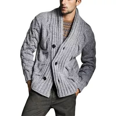 Men Button Solid Cable-knit Vneck Long Sleeve Regular Knit Sweater Cardigan Coat • $41.33