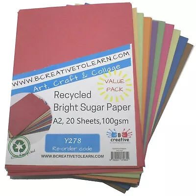 A2 Sugar Paper 100gsm Recycled Assorted Colours PACK OF 20 • £7.97