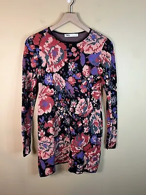 A78-ZARA Jacquard Knit Tunic Sweater Mini Dress Long Sleeve Floral Print Sz S • $16.50