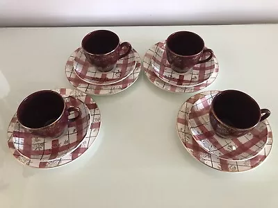 Washington Pottery HARLEQUIN Burgundy Red CHECK & GILT  Trio X  4 1950’s • £12