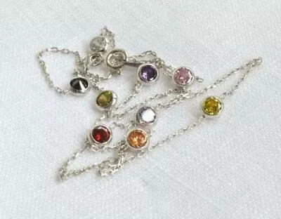 Colombian Rainbow Multi-Gemstone 14K White Gold Over Station 18  Chain Necklace • $144.99