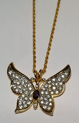 Vintage Rhinestone Butterfly Pendant Necklace 24  Signed Gold Tone Sparkly • $12