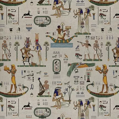 Cotton Rich Linen Look Fabric Digital Ancient Egypt Pharoh Hieroglyph 140cm Wide • £13.99