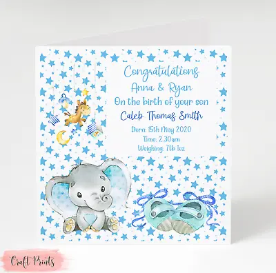 Personalised New Baby Boy Elephant Card • £3