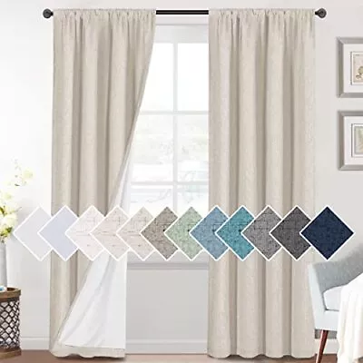  Linen Look 100% Blackout Curtains 84 Inches Long For 42 W X 84 L Natural • $56.20