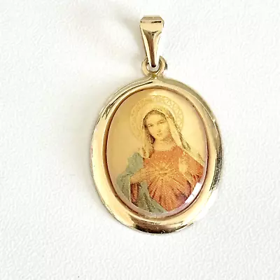 Vintage 14K Solid Yellow Gold Virgin Mother Mary Sancta Maria Framed Pendant • $425