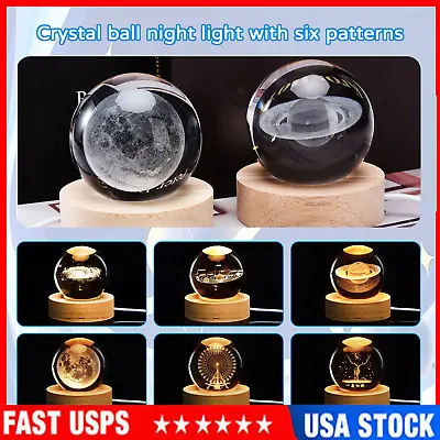 3D Crystal Ball Moon Planet Globe Table Lamp LED Night Light Home Decor Gift USB • $8.99