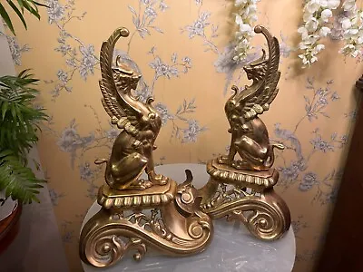 Beautiful Vintage Brass Repoussé Griffin Sphynx Andirons 17  Tall • $757.77