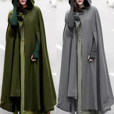 Womens Loose Long Cape Cloak Hooded Coat Winter Outwear Medieval Robe NEW • $35.99