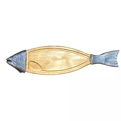 Vintage Wood & Metal Fish Serving Board Cheese Charcuterie 25 X 7  Drain • $32.99