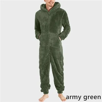 Men's One-piece Pajama Coral Fleece Jumpsuit Sleepwear Hooded Zipper Pocket • $40.81