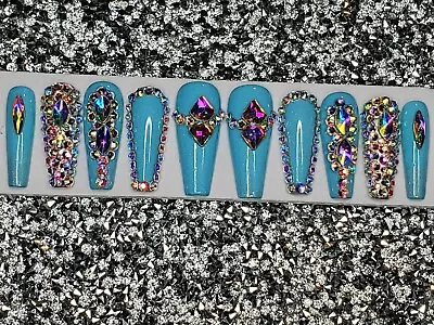 Super Bling Baby Blue Holographic Press On Nails Crystal Diamond Swarovski Set • $60