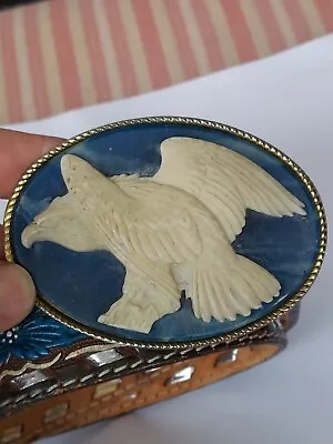 Eagle Belt Buckle Handcrafted Genuine Incolay Stone Vintage 80s With Leather Bel • $21