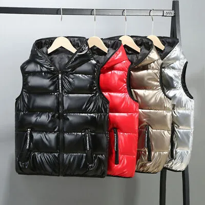 Mens Puffer Quilted Hooded Waistcoat Metallic Shiny Gilet Bubble Jacket Coat • $39.76