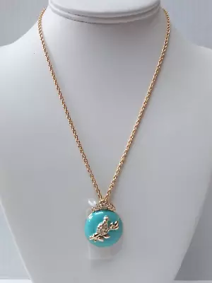 Pretty Round Turquoise Enamel & Clear Crystal Silvertone Pendant 18 Inch Chain • $10