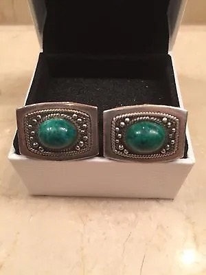 Sterling Silver Antique Cufflinks With Genuine Malachite Cabochon Stones • $50